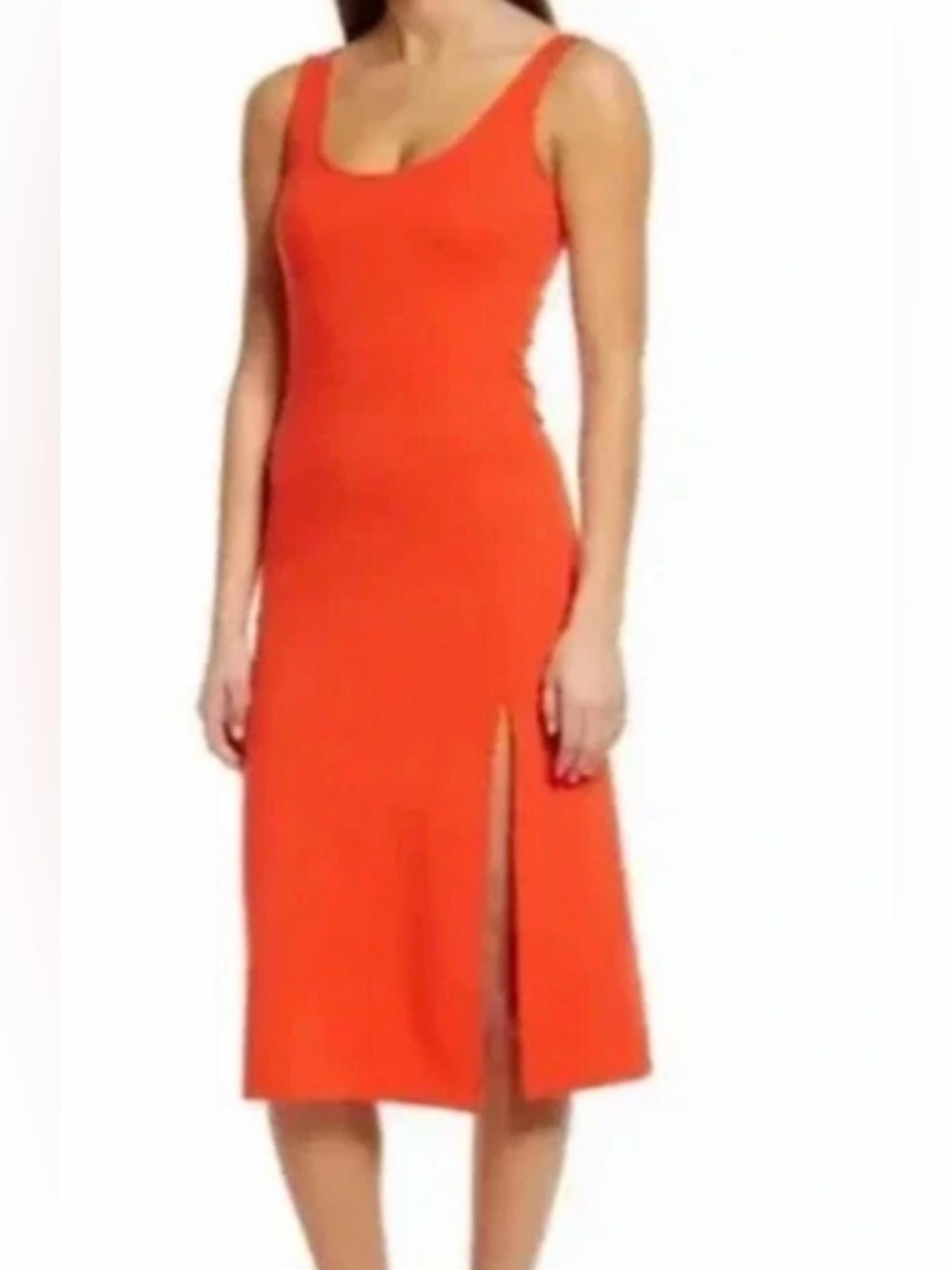 Open Edit Midi Dress Women’s Small Vivid Orange Sleeveless Slit Scoop Neck NWT